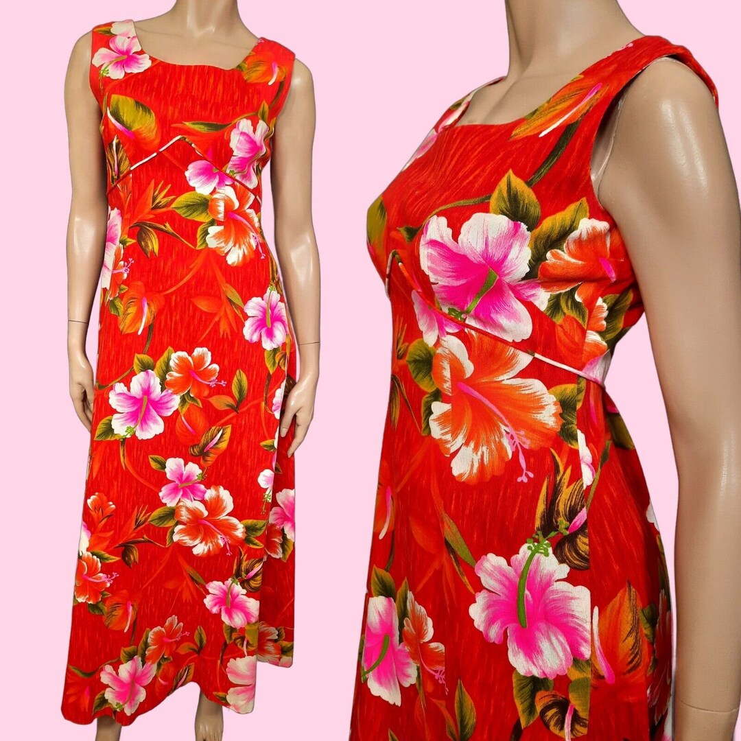 Vintage 60s Royal Hawaiian Barkcloth Maxi Dress Womens M Sleeveless ...