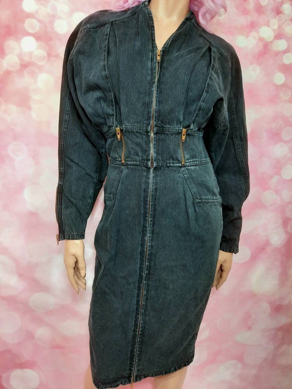 Vintage 80s Black Denim Dress Zip Front 
