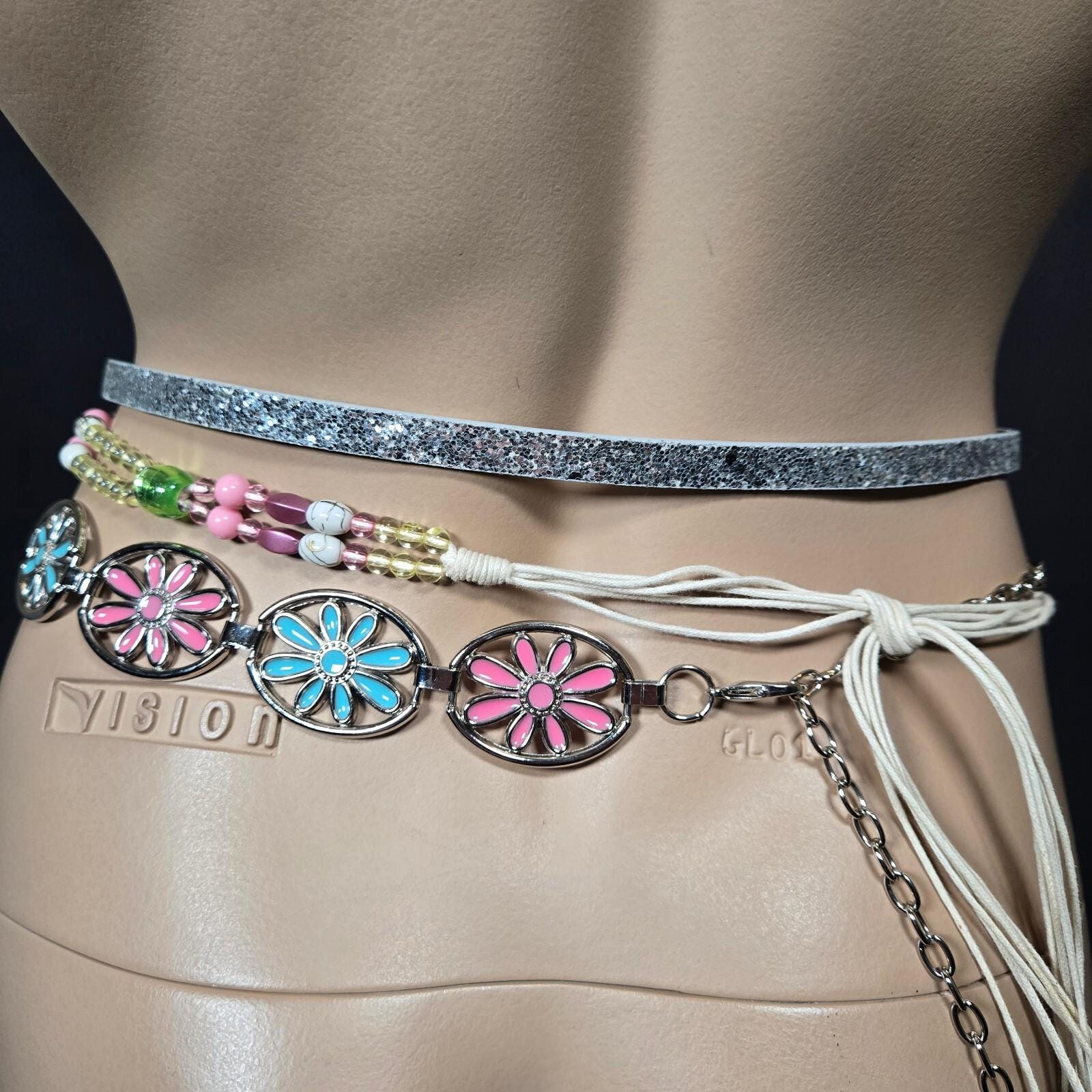 Vintage Y2k Embellished Seashell Rhinestone Tie Belt Boho Fairy 31\