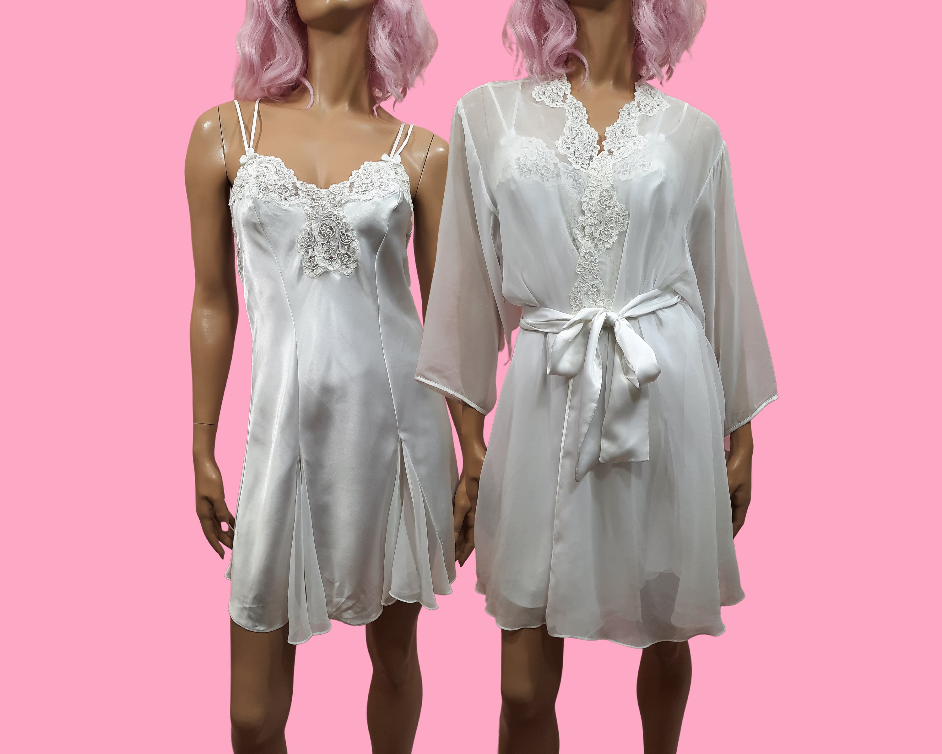 Vintage 90s Lingerie Set White Slip Dress Robe Bridal Peignoir Set