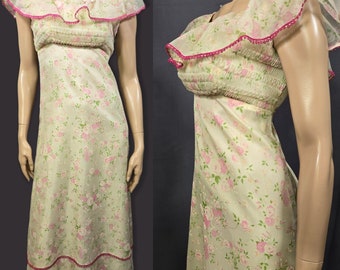 Vintage 70s Dainty Floral Maxi Dress Size XS Sleeveless Chiffon Ruffled Cottagecore