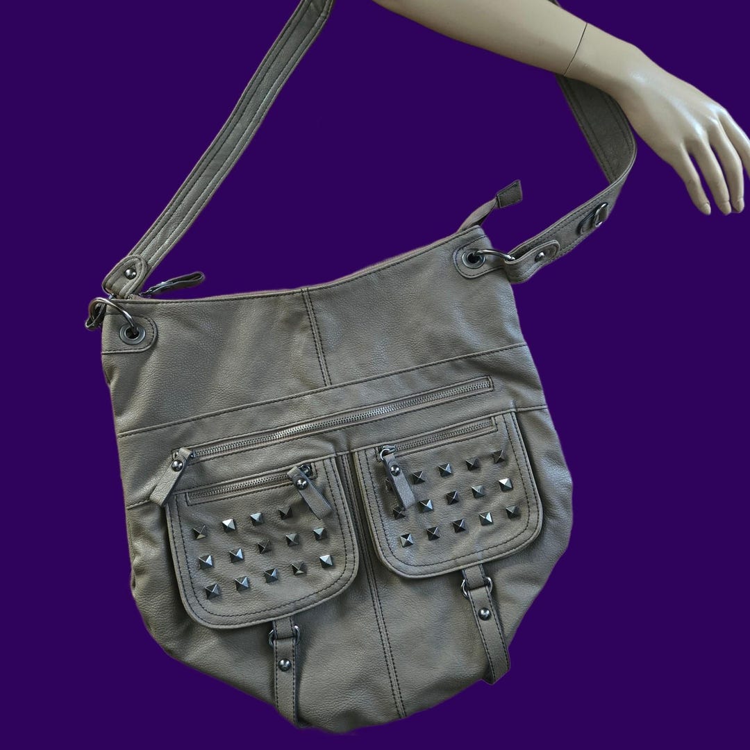Y2K Aldo Large Crossbody Bag Studded Gray Faux Leather Emo Indie
