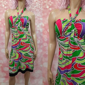 Vintage Y2K Stretch Halter Dress Size S A Line Bright Vivid Colors Pink Green