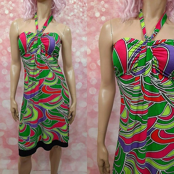 Vintage Y2K Stretch Halter Dress Size S A Line Br… - image 1