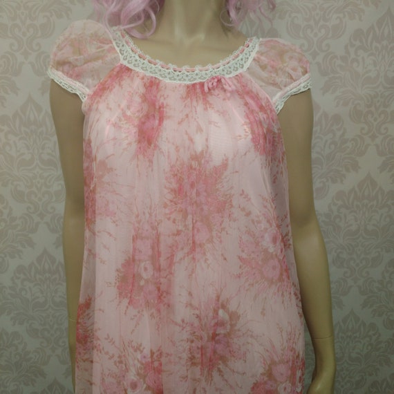 Vintage 60s Double Nylon Chiffon Long Nightgown Pink Floral Lace Trim Size S Slumber Suzy Dreamwear Short Sleeve