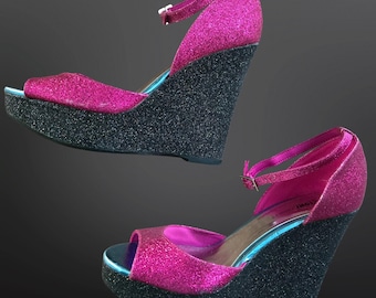 Y2K Pink Black Glitter Platform Wedge Chunky Heels Size 9 Mcbling Disco Going Out