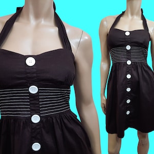 Y2K Le Chateau Brown Halter Mini Dress Sundress With Pockets Large White Buttons Size S