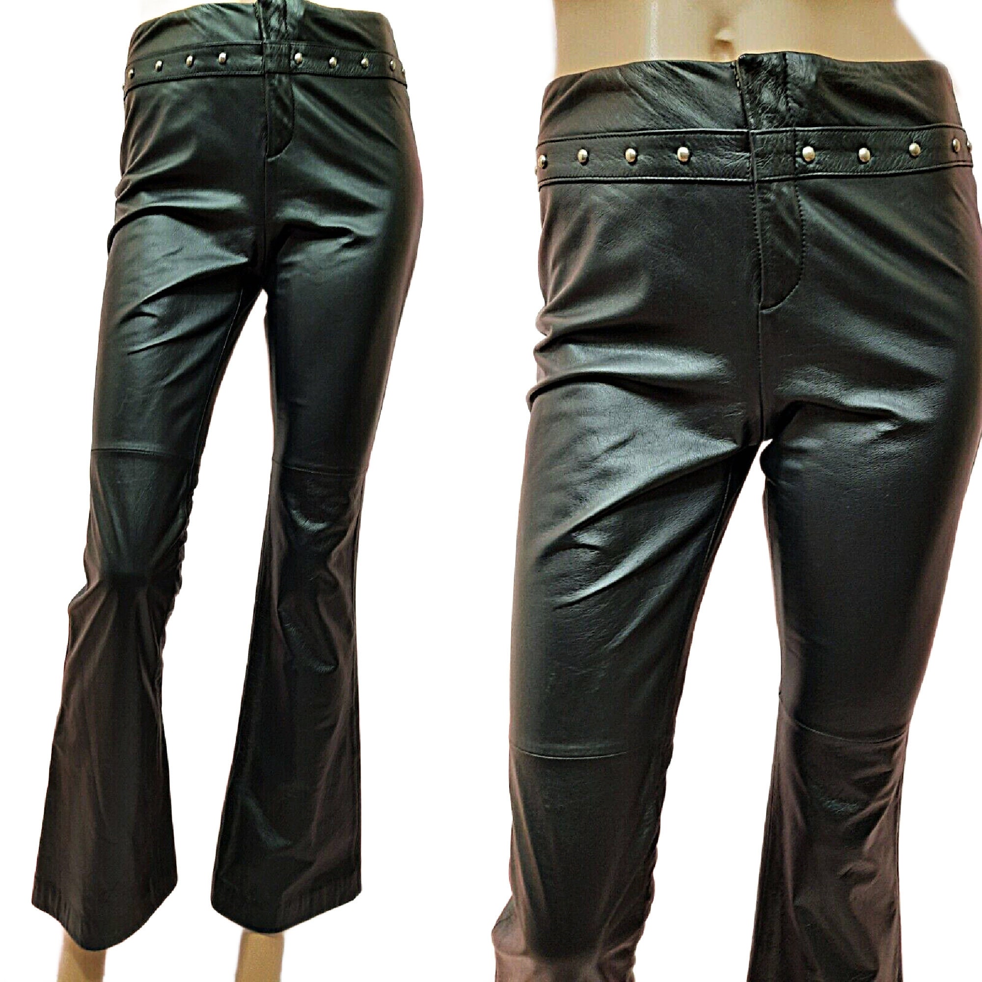 Y2K Ralph Lauren Black Leather Pants Studded Bootcut Size 2 New