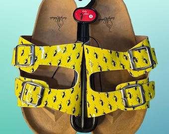 Y2K Baby Phat Yellow Flat Slides Sandles Buckles Womens US 6 Cat Logo