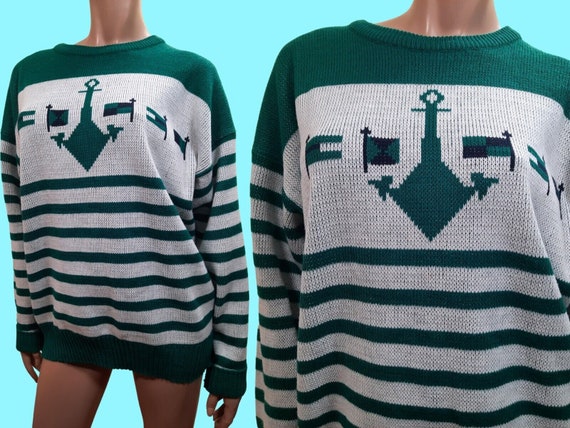 Vintage 80s Nautical Anchor Sweater Womens XL Str… - image 1