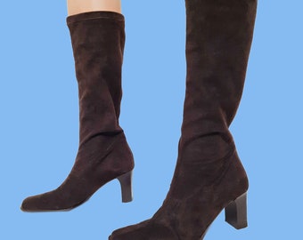 Y2K Knee High Stretch Boots Tall Brown Faux Suede Heels Square Toe US 9 Bravo Browns Made In Italy