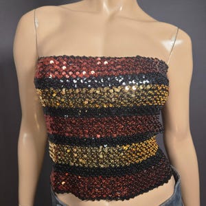 Vintage 70s 80 Disco Sequin Tube Top Size L Strapless Striped Brown Black Gold