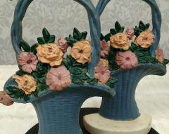 Antique Vintage Cast Iron Flower Basket Painted Door Stops 11 Inches Tall Set Of 2