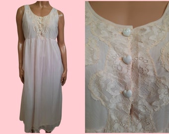 Vintage 60s Maxi Pink Nightgown Nylon Chiffon Sleeveless Heart Buttons Size M