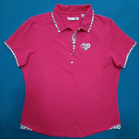 Y2K Pink Polo Shirt Leopard Print Trim 