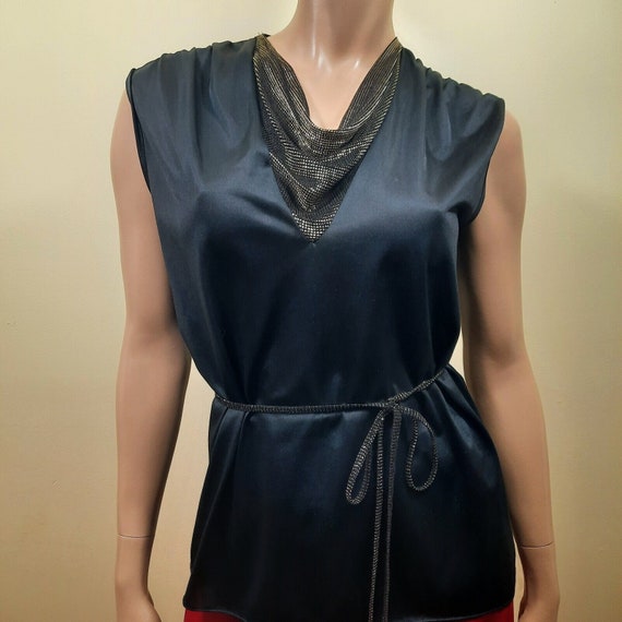 Vintage 70s Disco Top Sleeveless Blouse Black Gol… - image 2