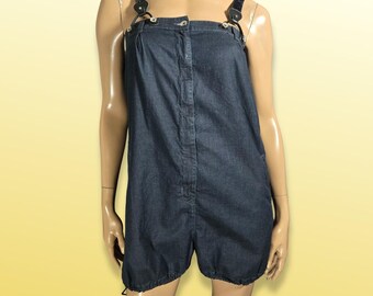 Vintage 90s Moschino Jeans Blue Denim Bloomer Shortalls Sequin Suspenders Size S