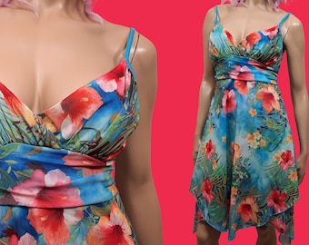 90s Y2K Tropical Floral Mesh Dress Size L Sleeveless  Spaghetti Strap V Neck