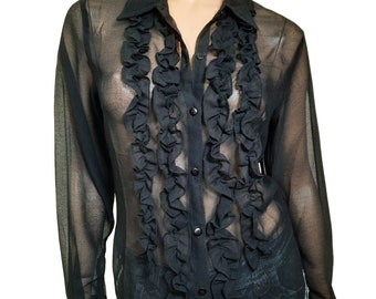 Y2K Sheer Black Ruffled Blouse Womens M Tuxedo style Fairy Gothic Whimsy Goth