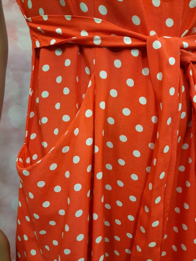Vintage 80s Orange Polka Dot Dress Size S Short Sleeve Knee Length With Pockets