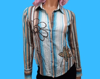 Vintage 90s Y2K Fitted Striped Button Up Shirt Size M Embroidered Blue Brown