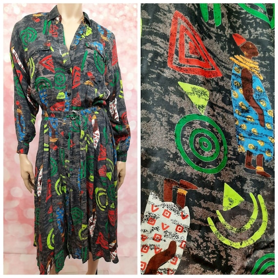 Golden Tribal Print Sleeveless Shirt Dress with Belted Waist main image 1