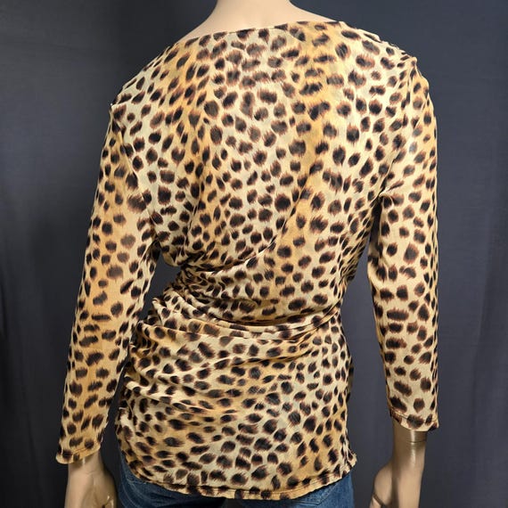 Y2K Mesh Leopard Print Top Size L Ruched V Neck W… - image 7