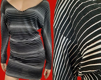 Y2K Miss Sixty Mini Dress Black White Striped Jersey V Neck Long Sleeve Size M