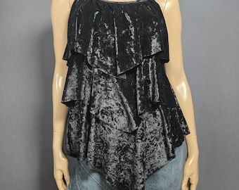 Y2K Black Crushed Velvet Babydoll Top Size M Sleeveless Tiered Gothic Witchy