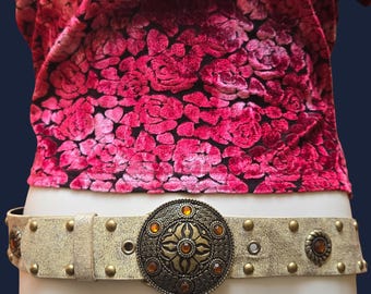 Vintage Boho Studded Hip Belt Round Disc Buckle Size XXL Beige Bronze Rhinestone