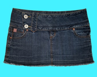 Mini-jupe en jean Foxy Micro Denim Y2K taille S taille basse délavage foncé large ceinture