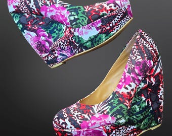Chunky Platform Wedge Heels Size 10 Animal Print Floral Indie Emo Trashy Y2K