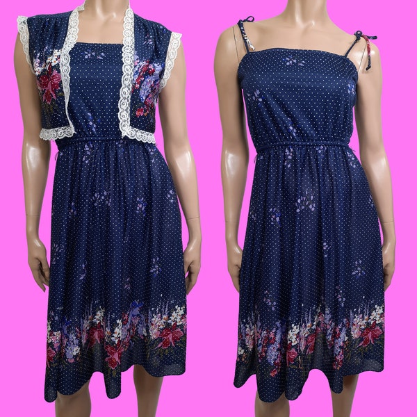 Vintage 70s Sundress With Bolero Jacket Navy Blue Polka Dot Floral Lace Trim Size XS