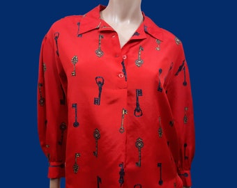 Vintage 80s Firenze Red Silk Blouse Key Print long Sleeve Shirt Size M