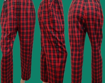 Vintage 90s Red Black Plaid Pants High Waisted Pleated Front Tapered Leg Size S