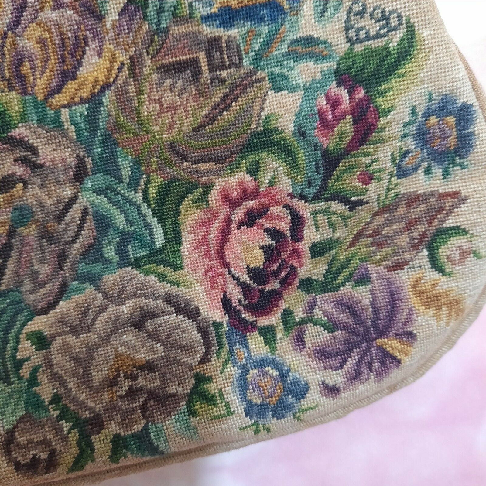 1920s/1930s Blue Floral Rose Bow Needlepoint Tapestry Rhinestone Ornate  Frame Purse Handbag — Canned Ham Vintage
