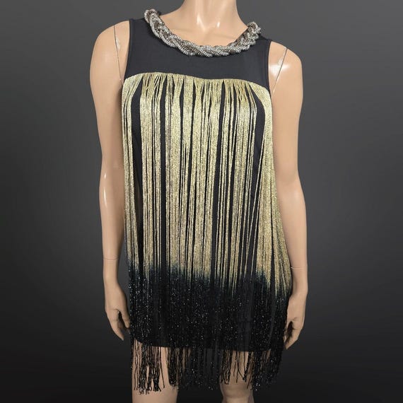 frank lyman gold dress Fringed Tunic Size M Flapper 1920s Gatsby New Years Mini Cyber Monday