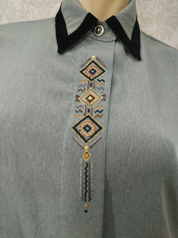 Vintage 80s Gray Aztec Embroidered Blouse Womens … - image 3