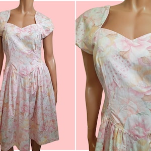 Vintage 80s Midi Dress Handmade Pastel Pink Floral Sweetheart Neckline Cottagecore Garden Party Tea Dress Sundress Size M