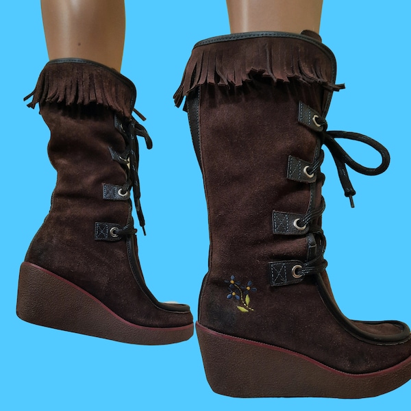 Vintage Y2K Brown Suede Fringed Boots Tommy Hilfiger Wedge Heel Lace Up Boho US 6