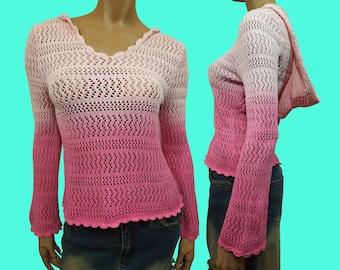 Vintage 90s Y2K Crochet Sweater With Bell Sleeves Hooded Pink Ombre Size M