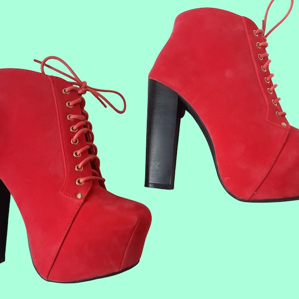 Y2K Red High Heel Platform Lace Up Booties Boots US 8 Vegan Faux Suede