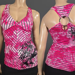 Y2K Hot Pink Striped Graphic Tank Top with O Ring Detail – Size XS