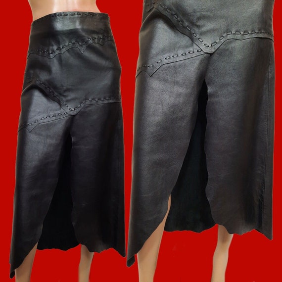 Y2K Black Leather Patchwork Midi Skirt Front Slit… - image 1