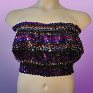 Vintage 70s Disco Sequin Tube Top Size XL Strapless Cropped Jewel Tone Rainbow Striped Multicolor