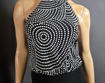 Y2K Halter Top Size S Polka Dot Swirl Print Black White Stretchy Mod Groovy