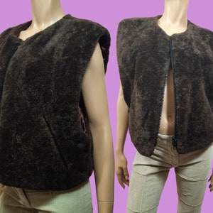 Vintage 80s Brown Faux Fur Vest Oversized Fit Zip Front Size M Teddy Vest