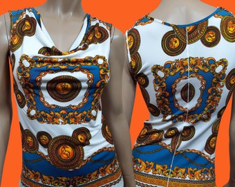 Y2K Baroque print Sleeveless Top Cowl Neck Stretch chain Print Top Size XS/S Hand Crafted USA