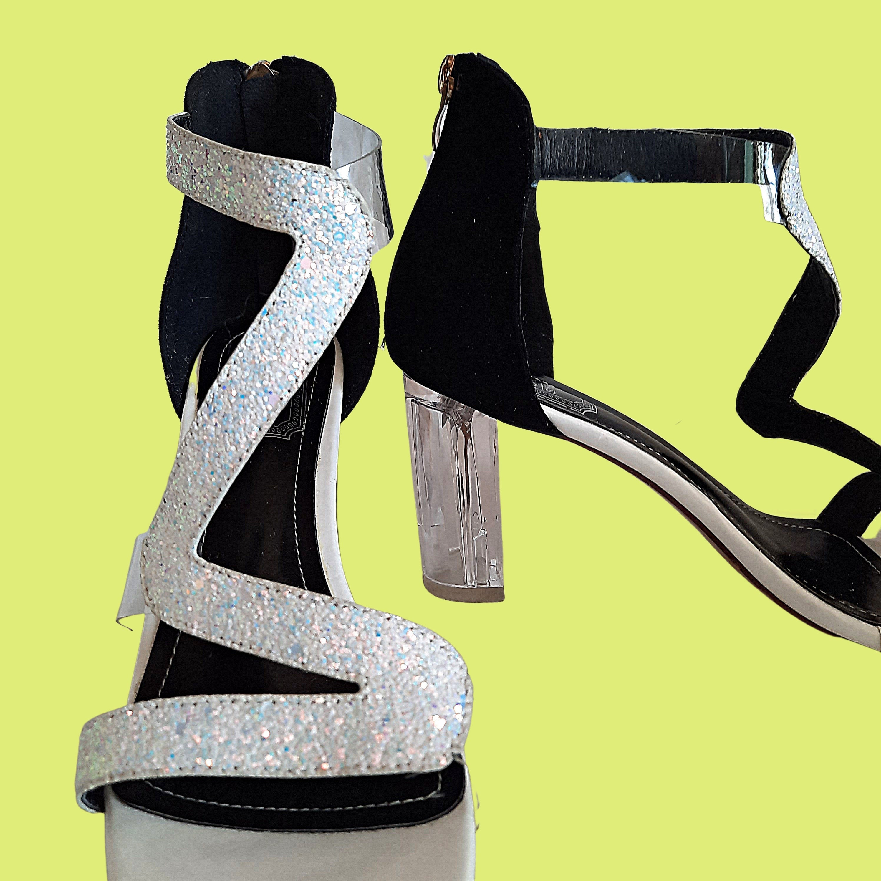 Black glitter chunky heels 2025