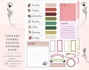 Vintage Floral Digitale Aufkleber | GoodNotes Digitale Planung | Druckbare Sticker | PDF und Transparentes PNG